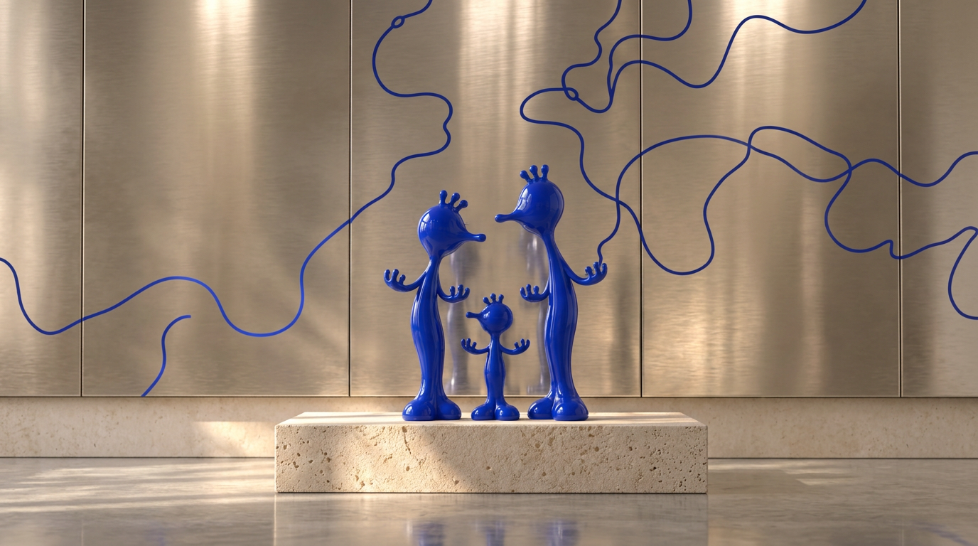 Three glossy Klein blue SAM sculptures on a travertine plinth
